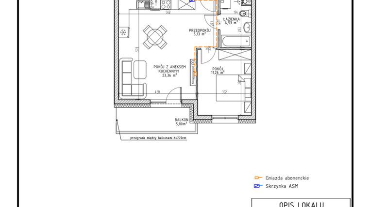 Rzut - Mieszkanie na sprzedaż 2 pokoje o powierzchni 44,28 m² - numer M1 w Osiedle Foresto etap 2