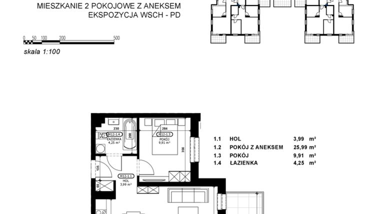 Rzut - Mieszkanie na sprzedaż 2 pokoje o powierzchni 44,14 m² - numer C2-M12 w Stacja Łódź V – etap C2