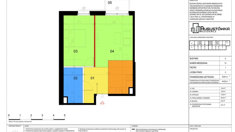 Rzut - Mieszkanie na sprzedaż 2 pokoje o powierzchni 43,61 m² - numer A13 w Augustówka Residence