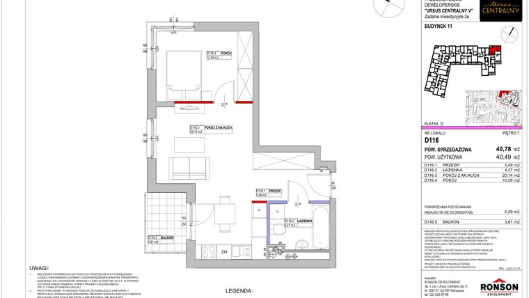 Rzut - Mieszkanie na sprzedaż 2 pokoje o powierzchni 40,78 m² - numer 11.D116 w Ursus Centralny etap V