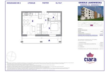 Rzut - Mieszkanie na sprzedaż 2 pokoje o powierzchni 36,13 m² - numer 2 w Osiedle Janowiecka