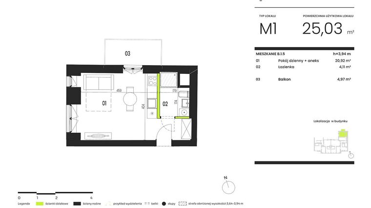 Rzut - Mieszkanie na sprzedaż 1 pokój o powierzchni 25,03 m² - numer B.1.5 w Ogrody Staromiejskie