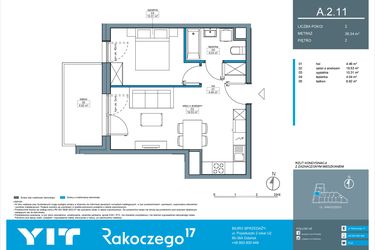 Rzut - Mieszkanie na sprzedaż 2 pokoje o powierzchni 38,3 m² - numer A.2.11 w Rakoczego 17