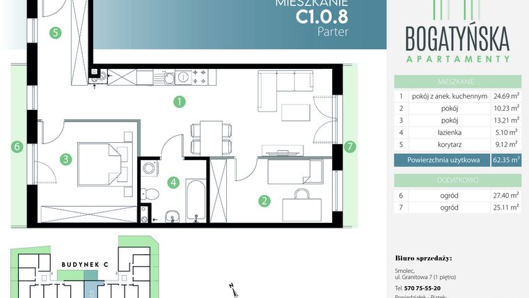 Rzut - Mieszkanie na sprzedaż 3 pokoje o powierzchni 62,35 m² - numer C1.0.8 w Bogatyńska Apartamenty etap 3