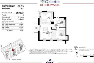 Rzut - Mieszkanie na sprzedaż 3 pokoje o powierzchni 54,92 m² - numer D2.39 w Osiedle Kociewskie etap IV