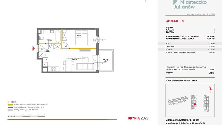 Rzut - Mieszkanie na sprzedaż 2 pokoje o powierzchni 41,27 m² - numer 76 w Miasteczko Julianów