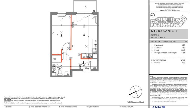 Rzut - Mieszkanie na sprzedaż 2 pokoje o powierzchni 37,16 m² - numer 7 w Zana 2