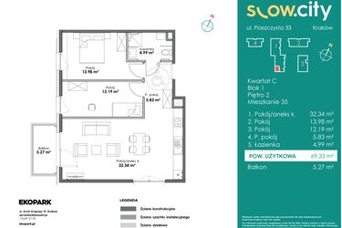 Rzut - Mieszkanie na sprzedaż 3 pokoje o powierzchni 69,33 m² - numer C1-35 w Slow City