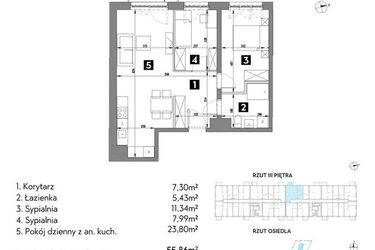 Rzut - Mieszkanie na sprzedaż 3 pokoje o powierzchni 55,75 m² - numer A2/3/5 w Metr Kwadrat