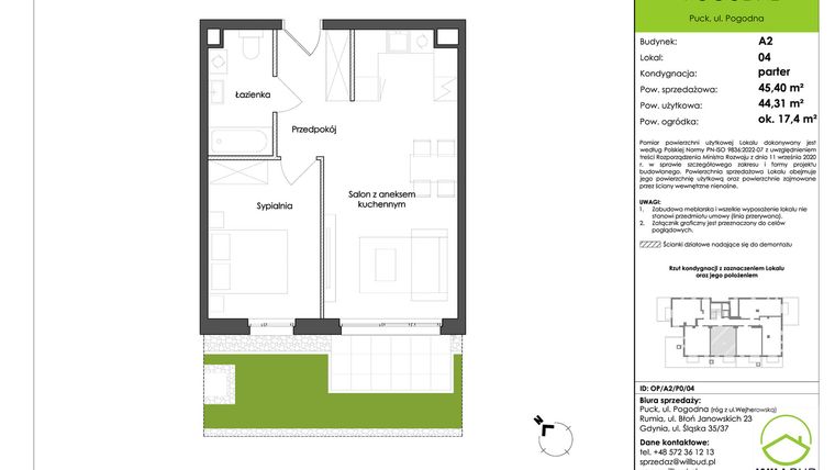 Rzut - Mieszkanie na sprzedaż 2 pokoje o powierzchni 44,31 m² - numer OP/A2/P0/04 w Osiedle Pogodne etap I