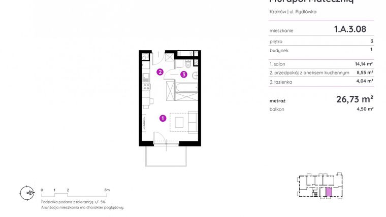 Rzut - Mieszkanie na sprzedaż 1 pokój o powierzchni 26,73 m² - numer 1.A.3.08 w Murapol Mateczniq
