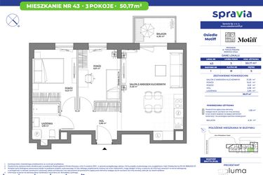 Rzut - Mieszkanie na sprzedaż 3 pokoje o powierzchni 50,17 m² - numer 1/43 w Osiedle Motiff