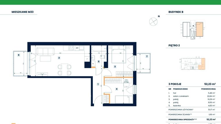 Rzut - Mieszkanie na sprzedaż 3 pokoje o powierzchni 51,17 m² - numer M33 w Reneta