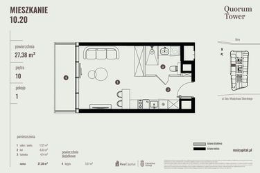 Rzut - Mieszkanie na sprzedaż 1 pokój o powierzchni 27,38 m² - numer 10.20 w Quorum Tower