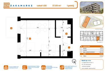 Rzut - Mieszkanie na sprzedaż 1 pokój o powierzchni 37,65 m² - numer B1/1/08 w Zakamarki