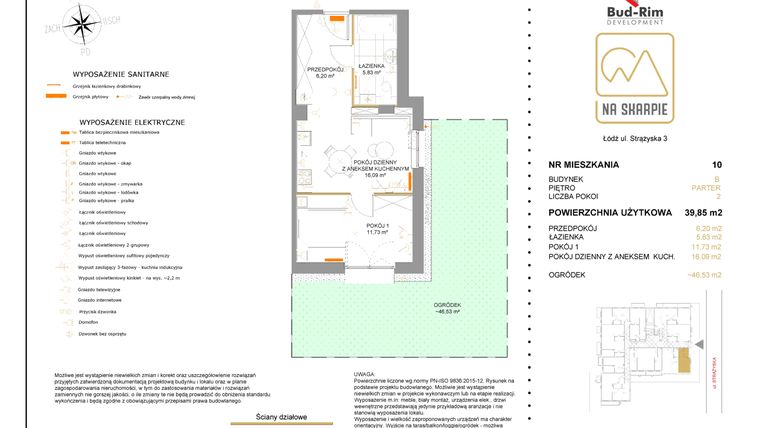Rzut - Mieszkanie na sprzedaż 2 pokoje o powierzchni 39,85 m² - numer B10 w Na Skarpie bud. B