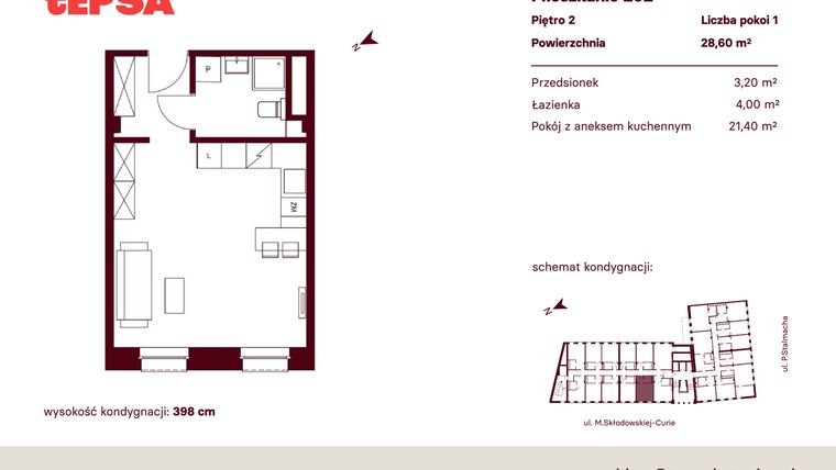 Rzut - Mieszkanie na sprzedaż 1 pokój o powierzchni 28,6 m² - numer M202 w Tepsa Kato