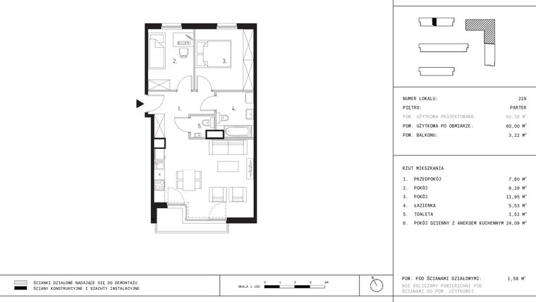 Rzut - Mieszkanie na sprzedaż 3 pokoje o powierzchni 60 m² - numer A4.0 w Wynalazek 3A