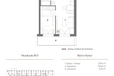 Rzut - Mieszkanie na sprzedaż 2 pokoje o powierzchni 38,66 m² - numer B03 w Dąbrowskiego 9