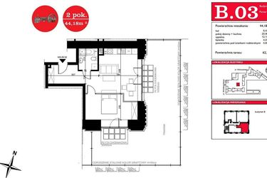 Rzut - Mieszkanie na sprzedaż 2 pokoje o powierzchni 44,18 m² - numer B.3 w ART MODERN etap III - Modern Loft