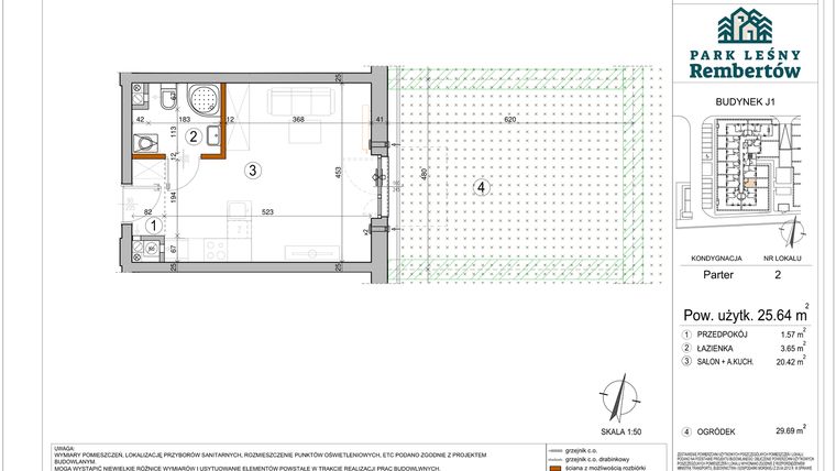 Rzut - Mieszkanie na sprzedaż 1 pokój o powierzchni 25,64 m² - numer J1-2 w Park Leśny Rembertów etap VIII