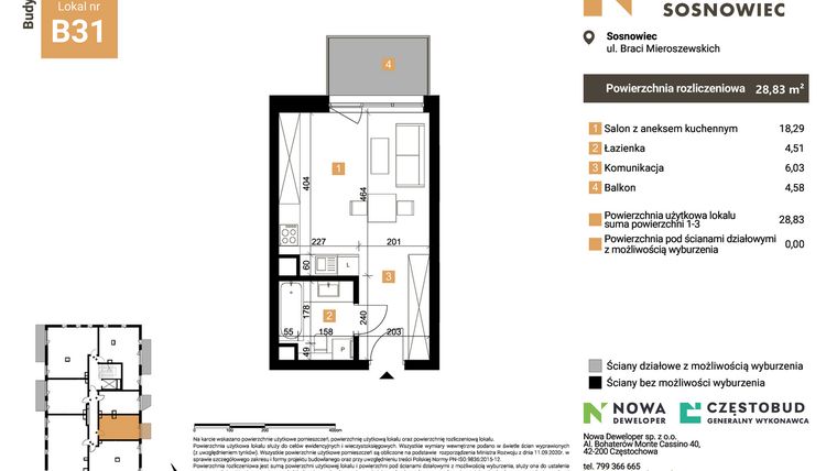 Rzut - Mieszkanie na sprzedaż 1 pokój o powierzchni 28,83 m² - numer B31 w Nowy Sosnowiec