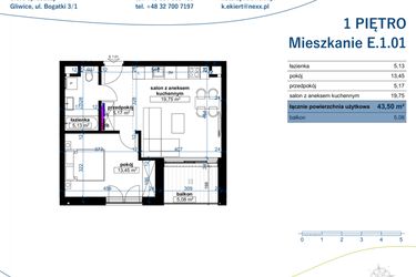 Rzut - Mieszkanie na sprzedaż 2 pokoje o powierzchni 43,5 m² - numer E.1.01 w Wzgórze Poetów 2