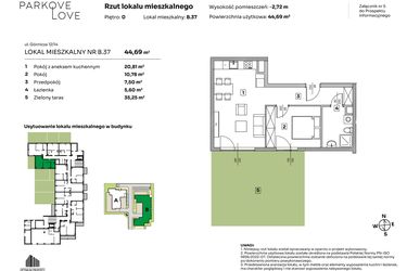 Rzut - Mieszkanie na sprzedaż 2 pokoje o powierzchni 44,69 m² - numer B.37 w Parkove Love