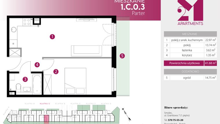 Rzut - Mieszkanie na sprzedaż 2 pokoje o powierzchni 41,68 m² - numer 1.C.0.3 w 2M Apartments etap IV