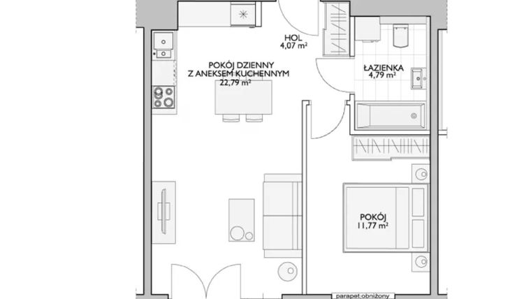 Rzut - Mieszkanie na sprzedaż 2 pokoje o powierzchni 44,58 m² - numer WO/P33/21 w Wiszące Ogrody