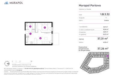 Rzut - Mieszkanie na sprzedaż 2 pokoje o powierzchni 37,26 m² - numer 1.B.3.32 w Murapol Portovo etap II