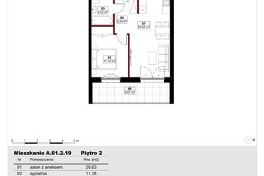 Rzut - Mieszkanie na sprzedaż 2 pokoje o powierzchni 41,67 m² - numer A01.2.19 w Skwer Witosa