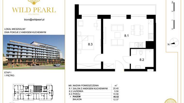 Rzut - Mieszkanie na sprzedaż 2 pokoje o powierzchni 46,52 m² - numer 1.8 w Wild Pearl