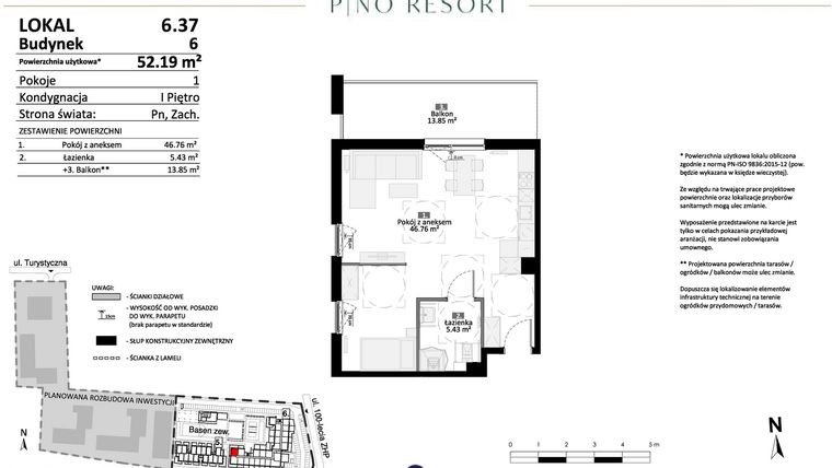 Rzut - Mieszkanie na sprzedaż 2 pokoje o powierzchni 52,19 m² - numer 6.37 w Pino Resort