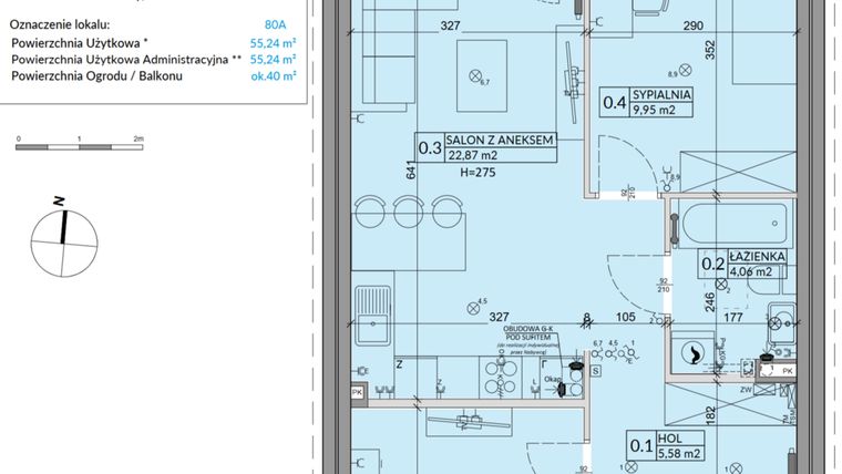 Rzut - Mieszkanie na sprzedaż 3 pokoje o powierzchni 55,24 m² - numer 80A w Osiedle Młodych etap VII