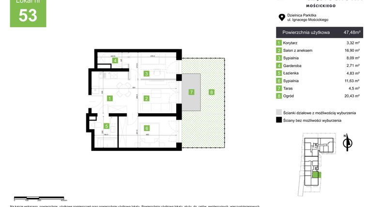 Rzut - Mieszkanie na sprzedaż 2 pokoje o powierzchni 47,48 m² - numer M53 w Nowa Częstochowa Mościckiego
