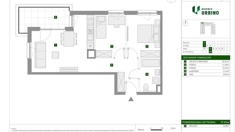 Rzut - Mieszkanie na sprzedaż 3 pokoje o powierzchni 57,63 m² - numer 1.3.C.25 w Osiedle Urbino