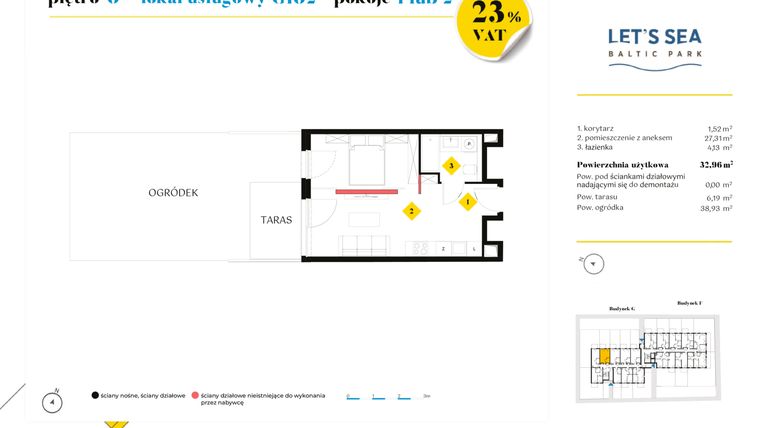 Rzut - Mieszkanie na sprzedaż 1 pokój o powierzchni 32,96 m² - numer G102 w Let's Sea Baltic Park II