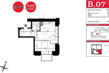 Rzut - Mieszkanie na sprzedaż 2 pokoje o powierzchni 42,89 m² - numer B.7 w ART MODERN etap III - Modern Loft
