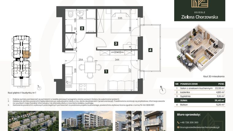 Rzut - Mieszkanie na sprzedaż 2 pokoje o powierzchni 39,4 m² - numer B1.M54 w Osiedle Zielona Chorzowska