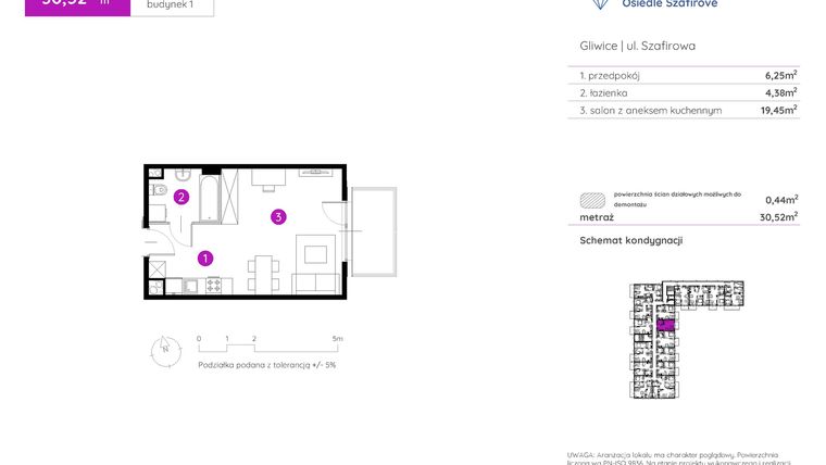 Rzut - Mieszkanie na sprzedaż 1 pokój o powierzchni 30,52 m² - numer 1.A.1.02 w Murapol Osiedle Szafirove II
