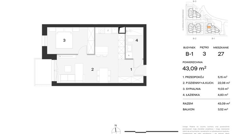 Rzut - Mieszkanie na sprzedaż 2 pokoje o powierzchni 43,09 m² - numer 27 w Koncertowa Dolina