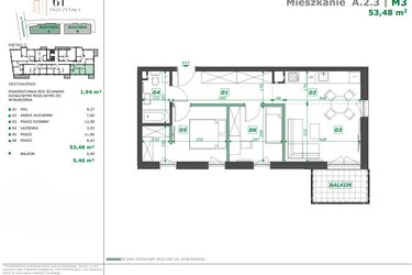 Rzut - Mieszkanie na sprzedaż 3 pokoje o powierzchni 55,42 m² - numer A.2.3 w Apartamenty Pszczyńska