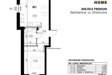 Rzut - Mieszkanie na sprzedaż 2 pokoje o powierzchni 45,8 m² - numer M1 w Miejska Premium II