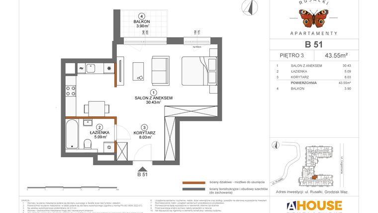 Rzut - Mieszkanie na sprzedaż 1 pokój o powierzchni 43,55 m² - numer B51 w Apartamenty Rusałki