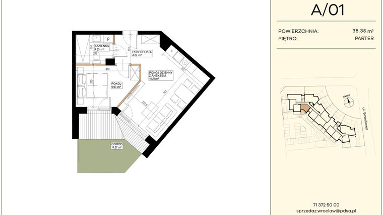 Rzut - Mieszkanie na sprzedaż 2 pokoje o powierzchni 38,35 m² - numer WA2/A/01 w Waniliowa