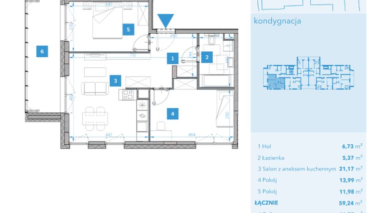 Rzut - Mieszkanie na sprzedaż 3 pokoje o powierzchni 59,24 m² - numer 7 w Apartamenty Macadamia