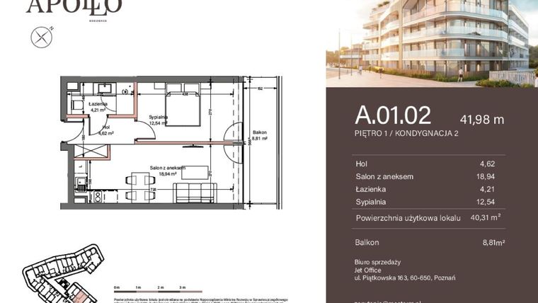 Rzut - Mieszkanie na sprzedaż 2 pokoje o powierzchni 40,31 m² - numer A.1.02 w Apollo Residence