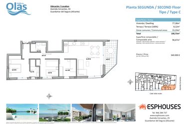 Rzut - Mieszkanie na sprzedaż 3 pokoje o powierzchni 96 m² - numer 2C w ESPHOUSES by Olas