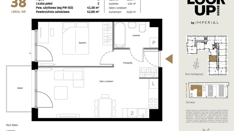 Rzut - Mieszkanie na sprzedaż 2 pokoje o powierzchni 41,56 m² - numer A38 w Look Up House